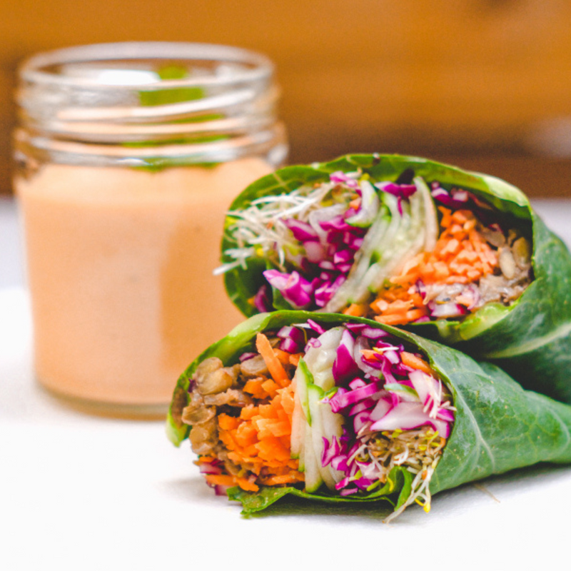Spiced Lentil Collard Wraps with Red Pepper-Miso Sauce